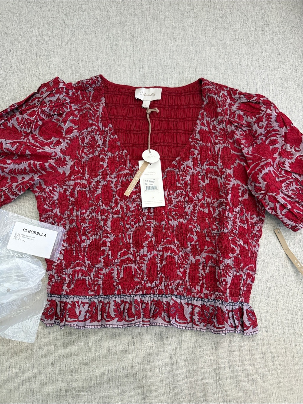 Cleobella Red Floral Smocked V-Neck Blouse with Puff Sleeves